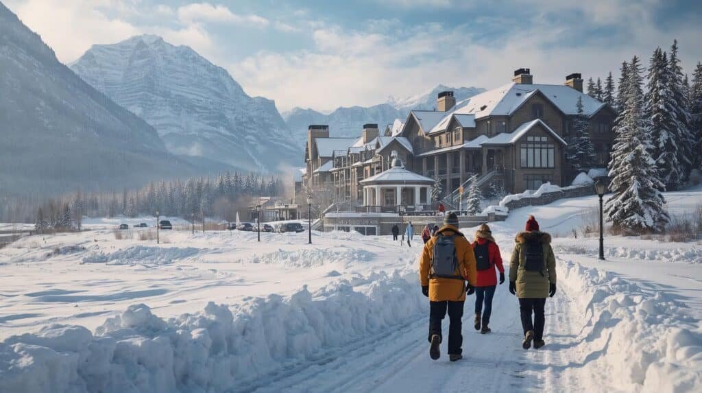 Winter scene with snowy mountains and lodge