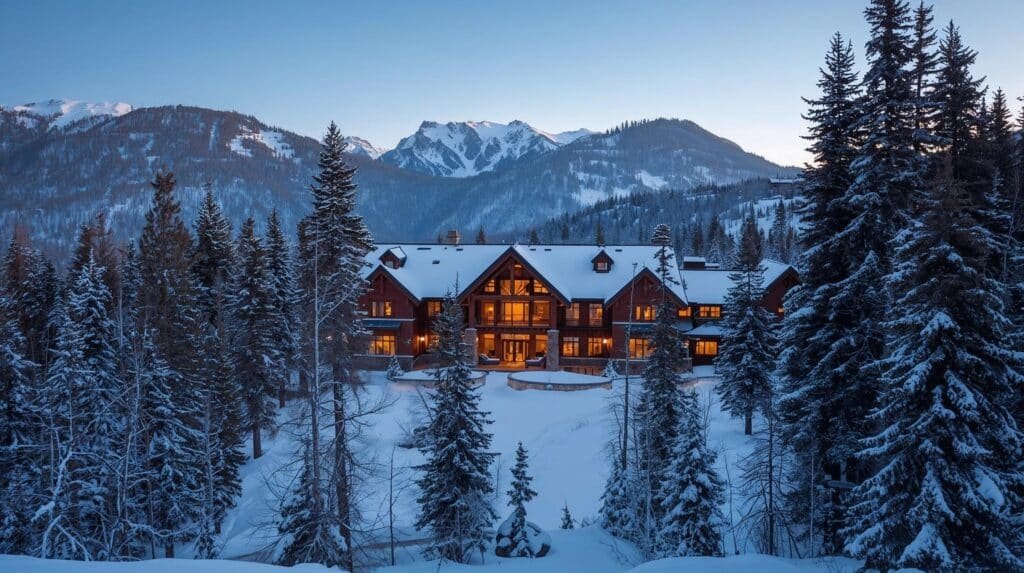 Lodge surrounded by snowy mountains.