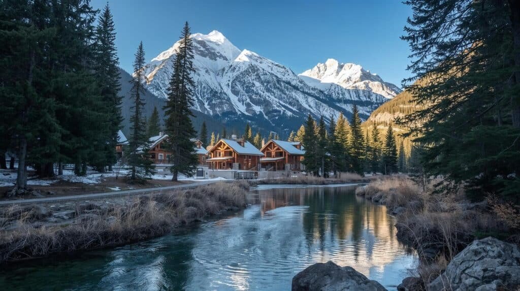 Scenic winter resort by tranquil river.