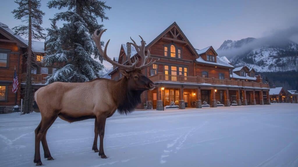 Elk in front of snowy hotel.