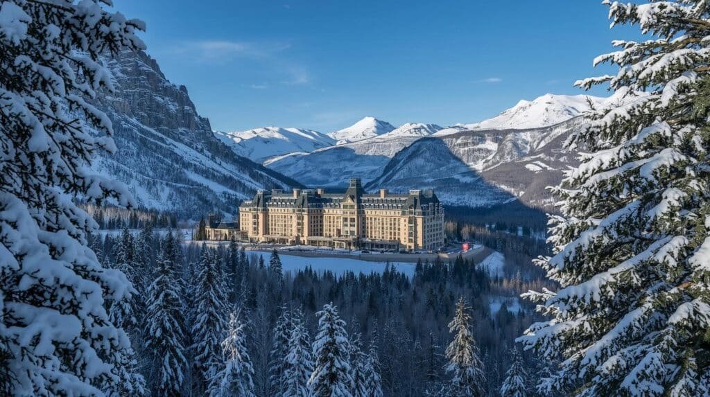 Snowy mountains surrounding grand hotel.