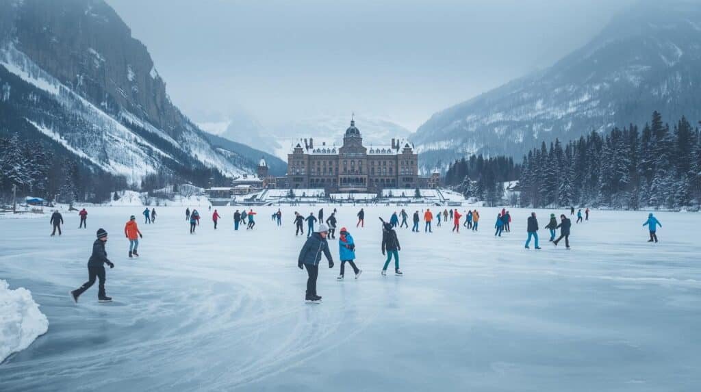 People skating on frozen lake Alberta Canada