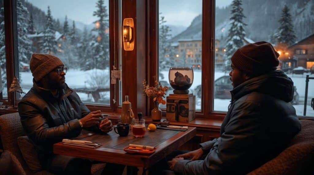 Cozy winter dining with snowy view.
