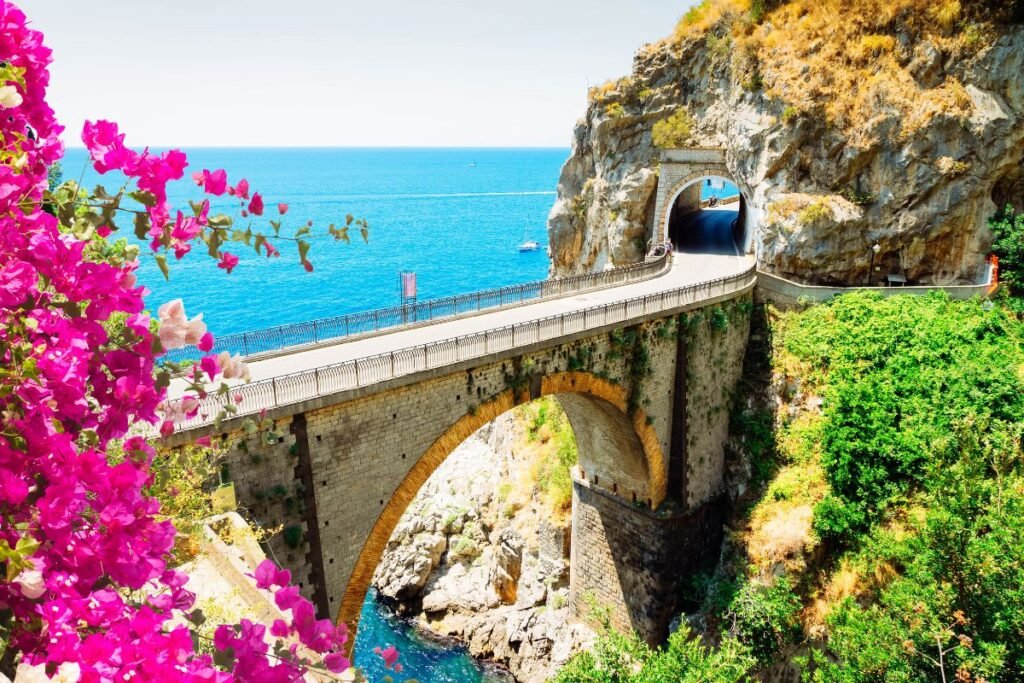 Scenic coastal bridge with flowers