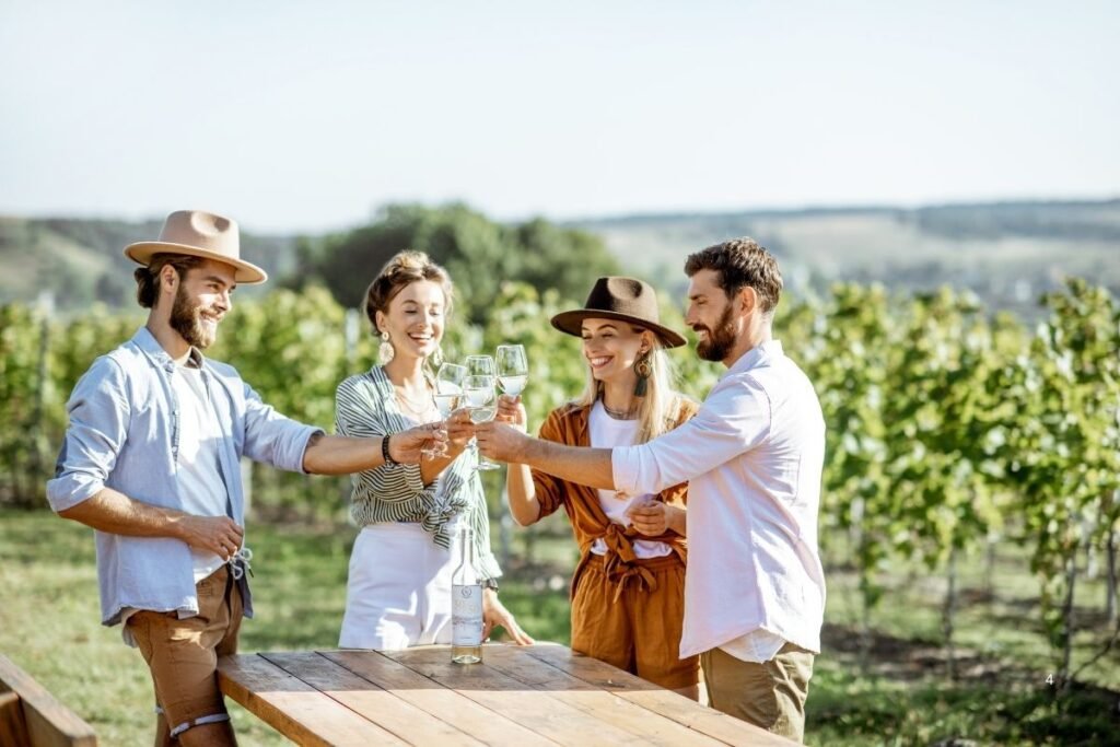 Group toasting with wine glasses outdoors. France