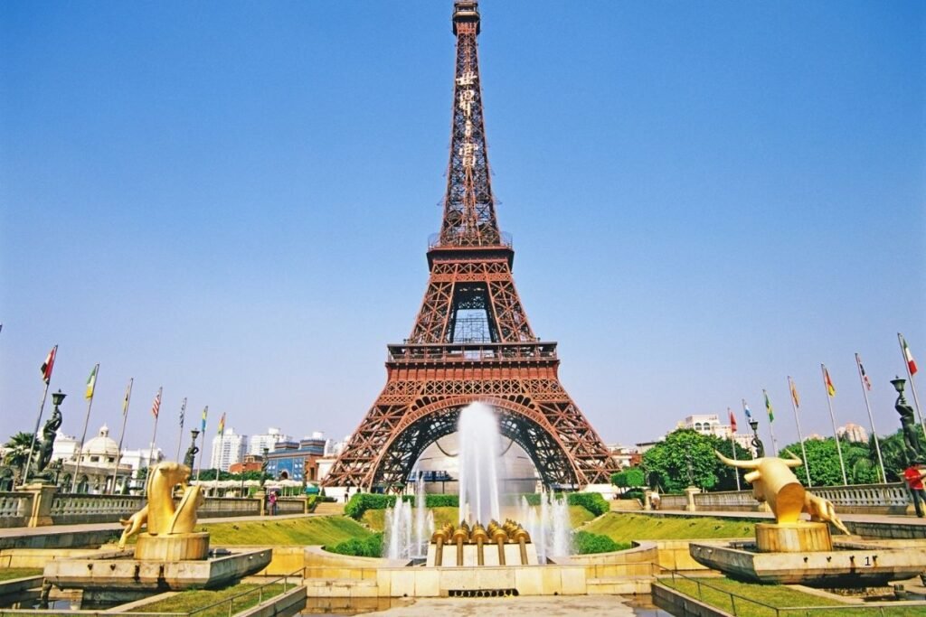 Eiffel Tower with fountain and greenery France