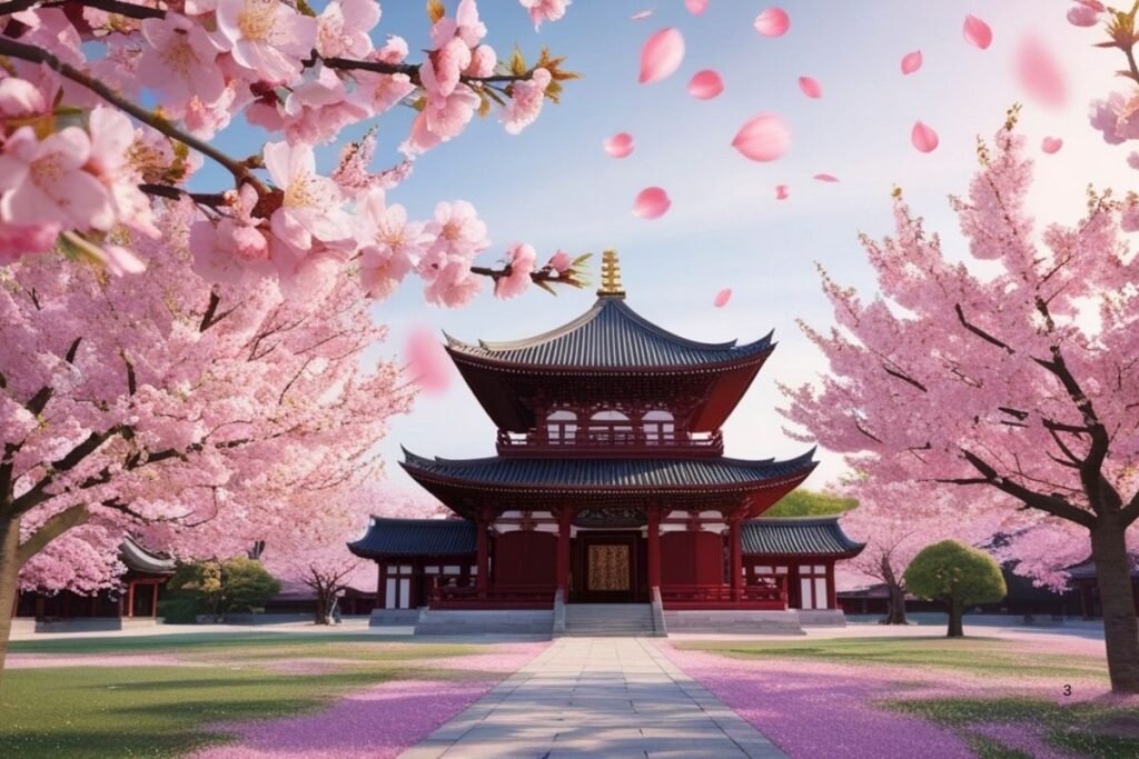 Cherry blossoms surrounding traditional temple.